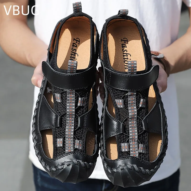 

Men's Leather Hand-sewn Fashion Trend Casual Sandals Outdoor Wear-resistant Large Size Beach Sandals Comfortable and Breathable