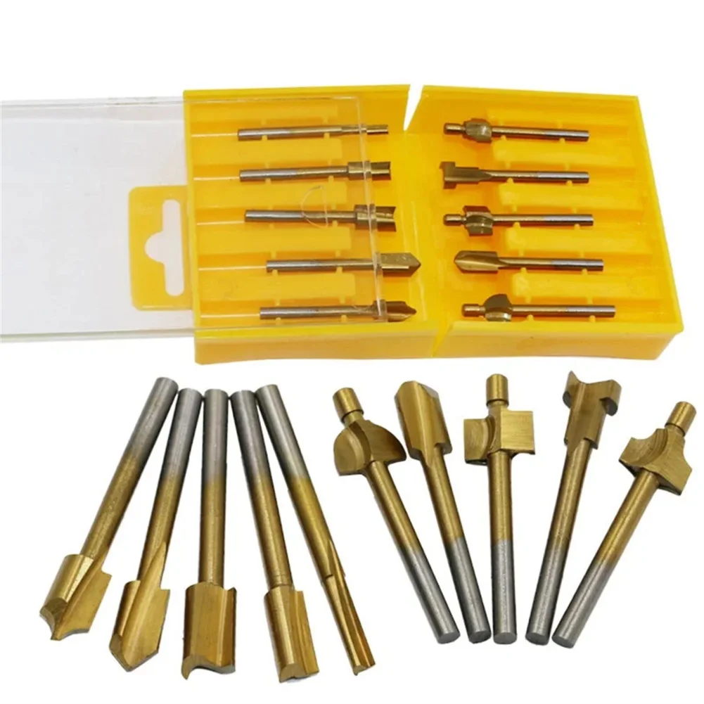 

1/8" HSS Coated Woodworking Router Bits Wood Cutter Milling Compatible For Electric Trimming Machine 10pcs