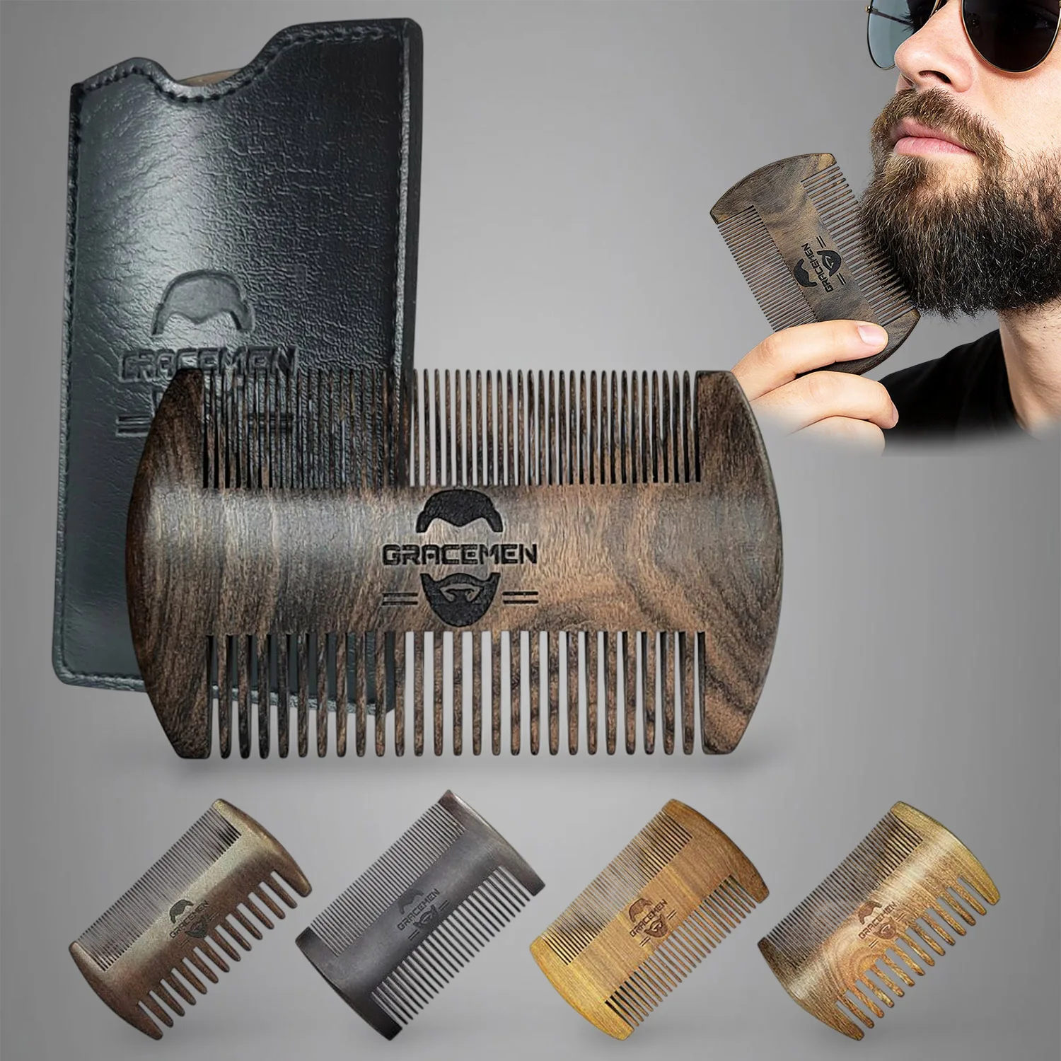 Gracemen Dual-Sided Sandalwood Beard Comb with PU Leather Case