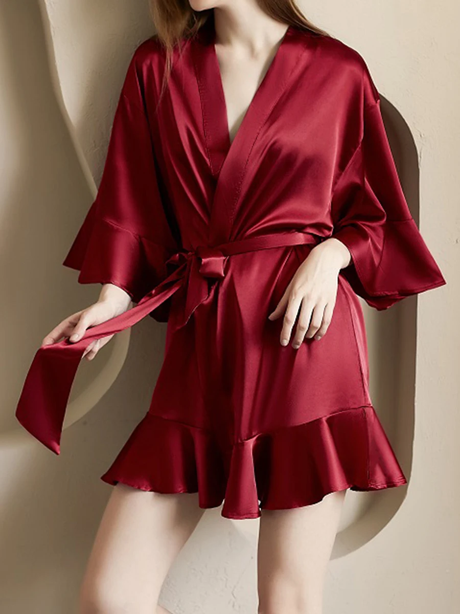 Women's Satin Robes 3/4 Sleeve Ruffle Hem Kimono Robe Solid Color Deep V-neck Silk Bridesmaid Sexy Lingerie Sleepwear for Female