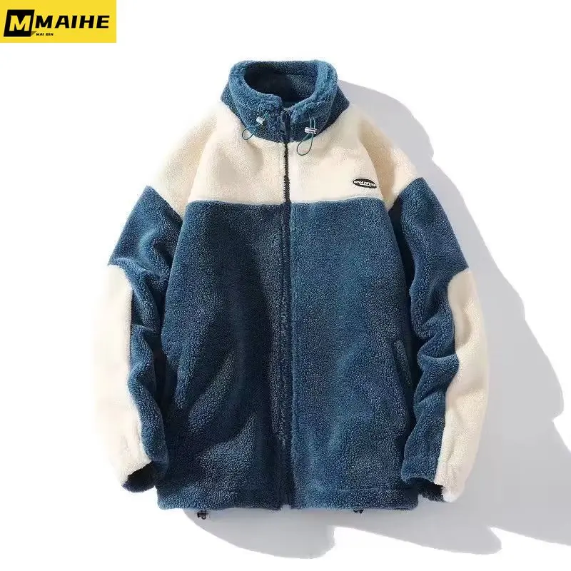 Men's Winter jacket Harajuku Fashion patchwork Lamb wool warm coat Men's 2023 new hip hop streetwear couple preppy school jacket