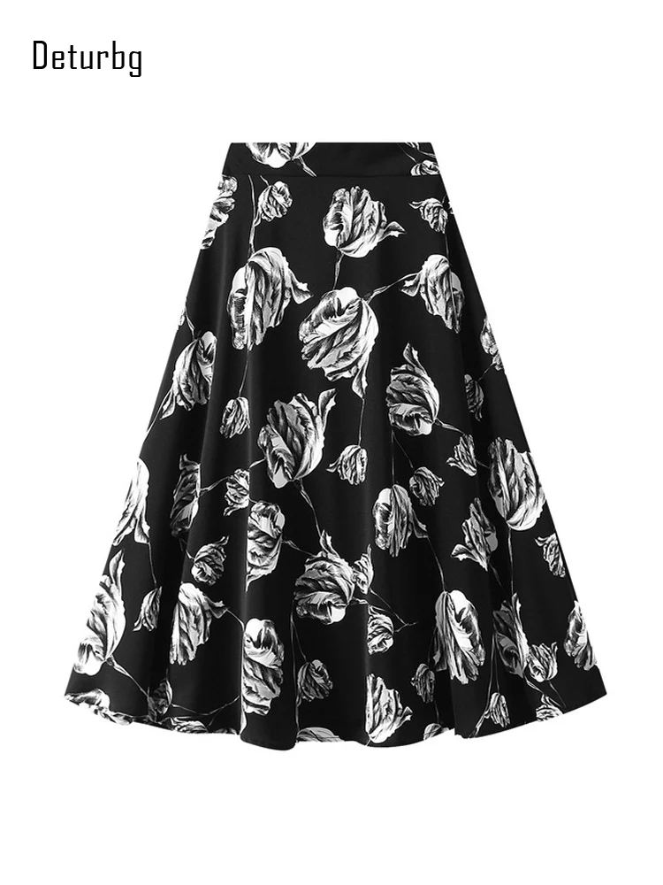 

Womens Elegant Rose Print Chiffon Floral Skirt Korean Back Elastic High Waist Flowy A-Line Midi Skirts For Woman 2022 Summer K98