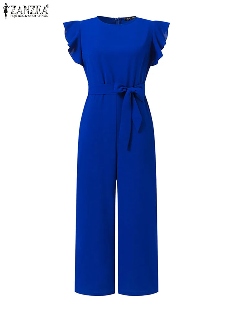 ZANZEA Elegant Wide Leg Pants Long Playsuit Women 2023 Summer Sleeveless Bandage Waist Jumpsuit Solid Casual Flare Tank Overalls