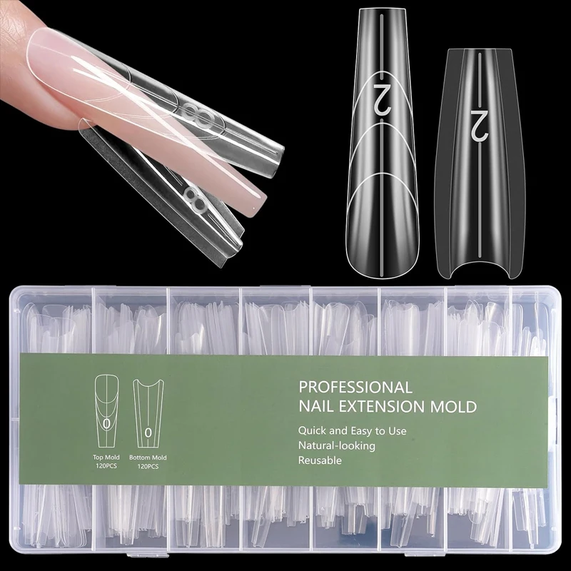 Molde de Extensión de Uñas de Doble Capa Tipo Sandwich: 240 Piezas de Moldes Rápidos para Extensión de Uñas, 15 Tamaños Diferentes de Formas Largas en Forma de Ataúd, Aptos para Gel de Polímero y Gel Constructor, Ideales para Principiantes, Mujeres, Salones y Uso Doméstico