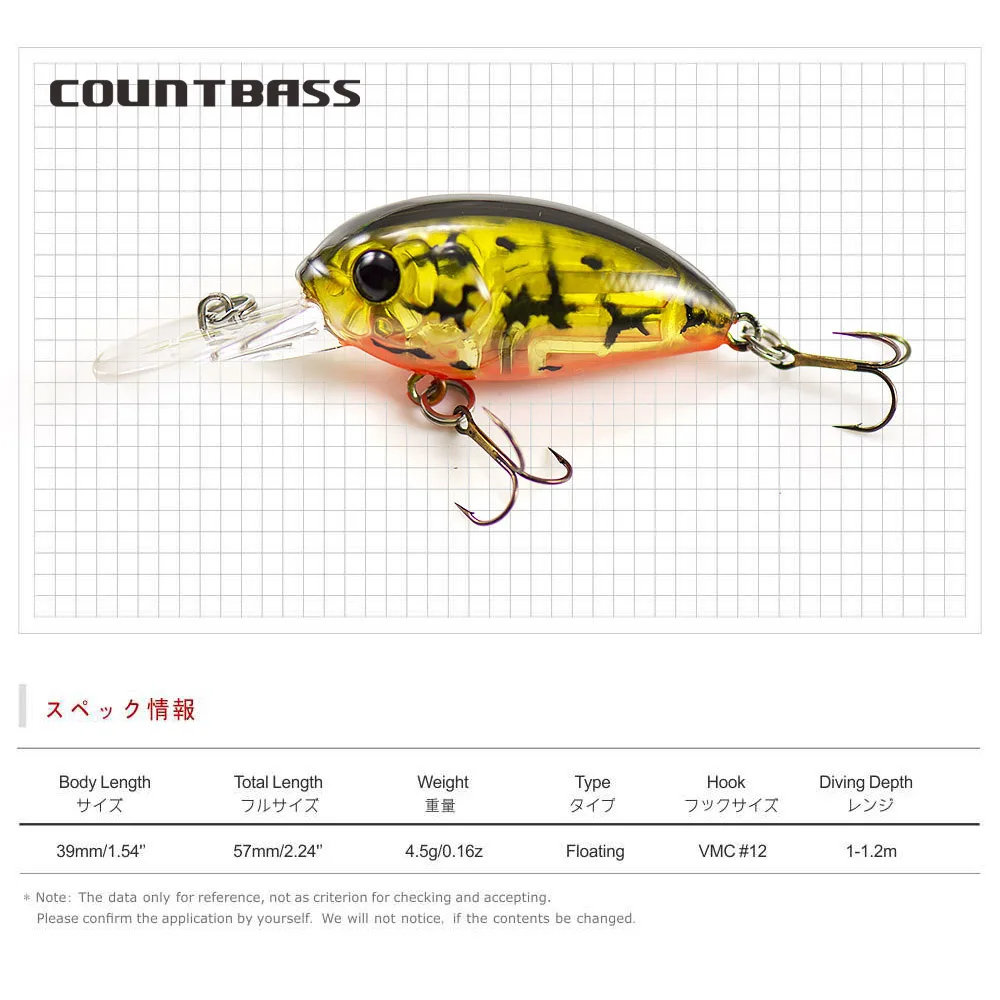 Countbass Crank 39mm 1-1/2" 4.5g 5/32 oz Dive 1-1.2m Deep Diver VMC Hooks Hardbaits Fishing Lures Crankbait Wobblers