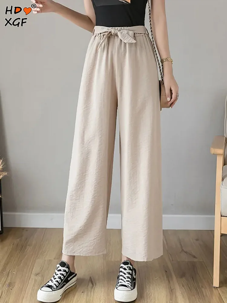 

Korean Fashion Drawstring Bow Ice Silk Straight Pants For Women Vintage Elastic High Waist Baggy Pants Elegant Wide Leg Trousers