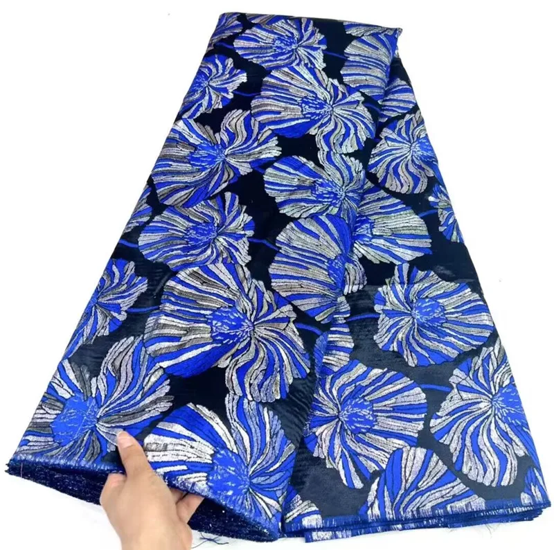 

Blue African Brocade Jacquard Damask Fabric For Woman Nigerian Floral Gilding Lace Dress Material Brocard Tissu 5Yard DJB45