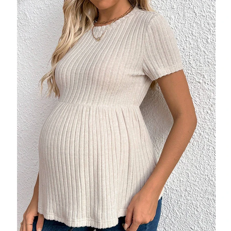 Pregnant Women Clothing Knitted Tees Maternity Clothes Pregnant Women Short Sleeve Monochrome Daily Leisure T-shirt - 4