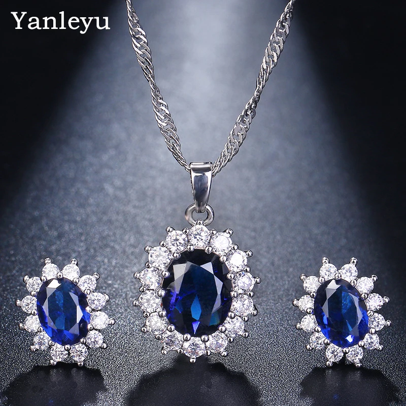 

Yanleyu Fashion Blue CZ Zircon Stone Wedding Jewelry Sets For Brides Tibetan Silver Sapphire Necklace Earrings Set For Women