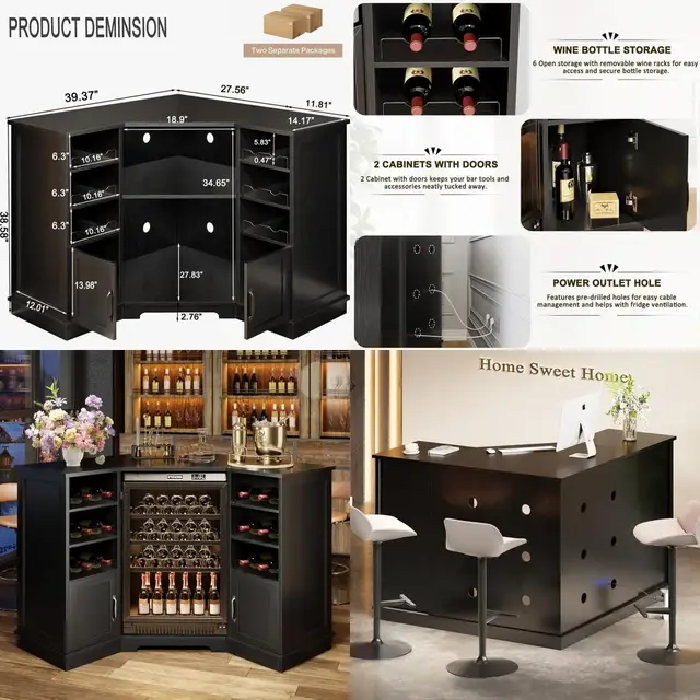 40 Black Oak Home Bar Cabinet with Mini Ridge, Wine Racks & Storage for Kitchen or Living Room
