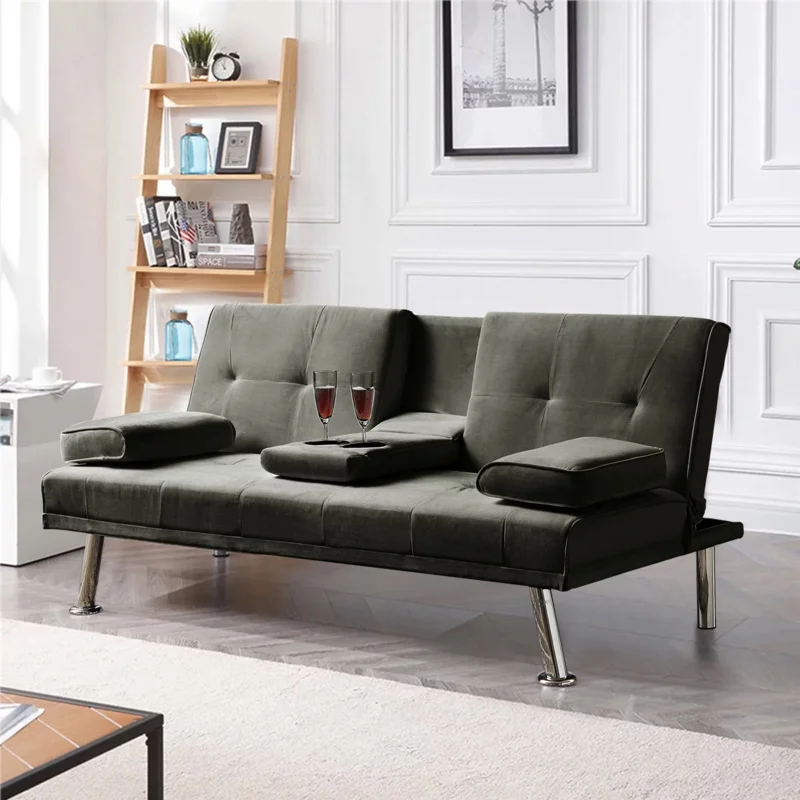

Modern Velvet Fabric Futon with Cupholders and Pillows, Dark Gray Velvet