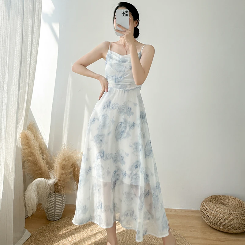 

Korea Style Sweet Floral Stretch Suspender 2024 Summer Sexy Backless Sleeveless Female Slim Mid-Length Party Prom Dress