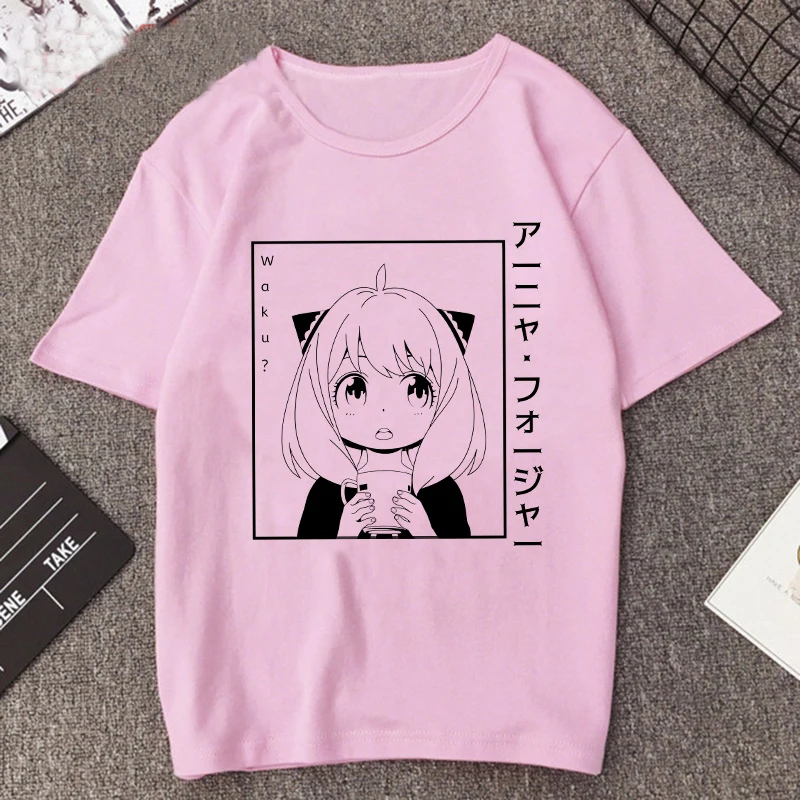 Camiseta estampada de Manga Anya Forger para mujer, remera de Anime Rosa divertida de la familia Spy X, playera informal Harajuku de Manga corta para mujer