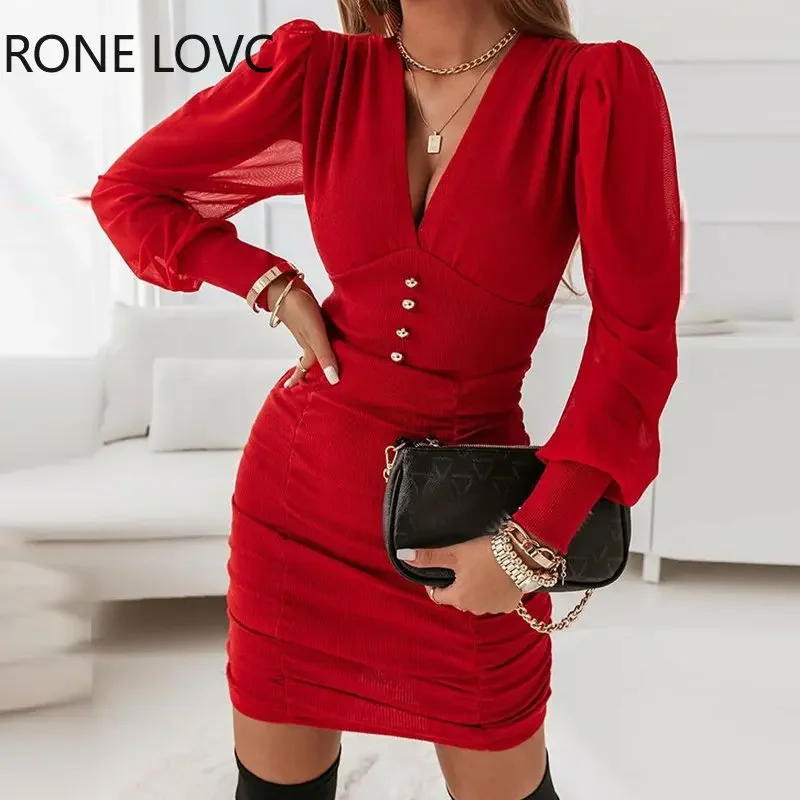 

Women Elegant Long Lantern Mesh Sleeves Solid Deep V Neck Bodycon Mini Working Party Dresses