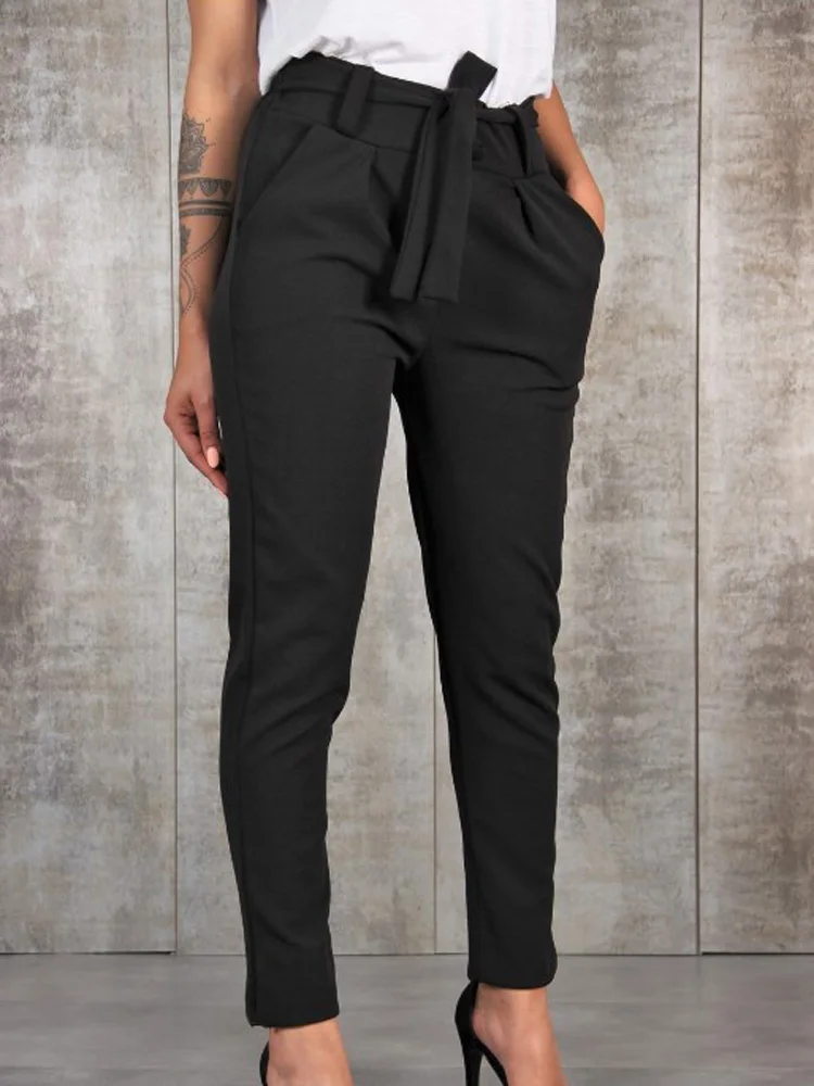 Women High Waist Slim Solid Trousers Cotton Polyester