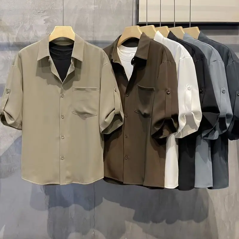 2024 Nuova Edizione Coreana Primaverile Ed Estiva Trendy Light Mature Wind Pippy Bella Camicia A Tre Quarti Di Seta Di Ghiaccio Di Fascia Alta Per Uom