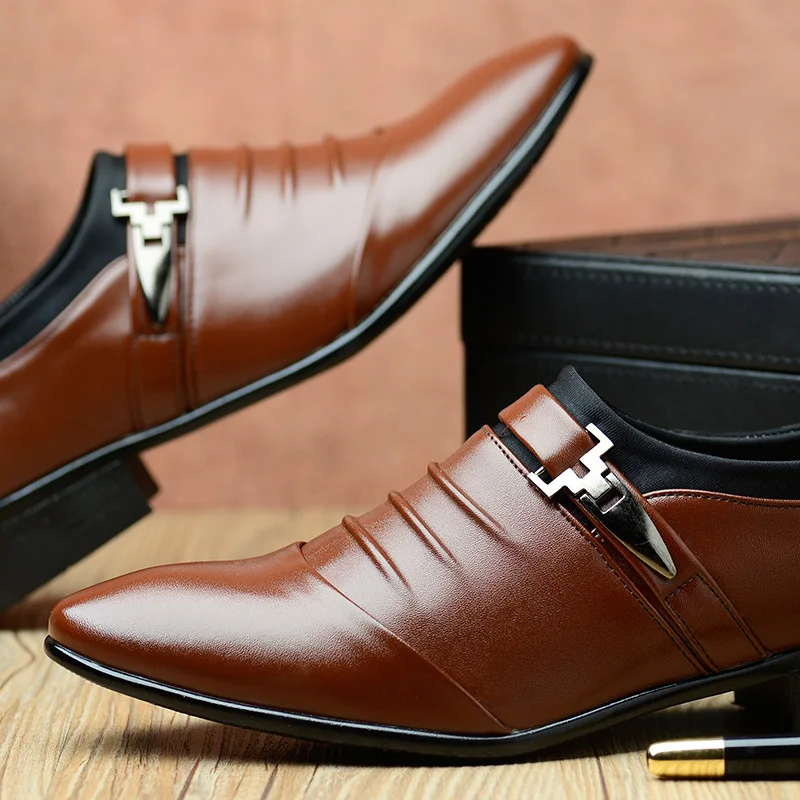 Classic Men Dress Shoes Slip on Black Leather Shoes for Men  Point Toe Business Casual Formal Shoes for Wedding Plus Size MPX112