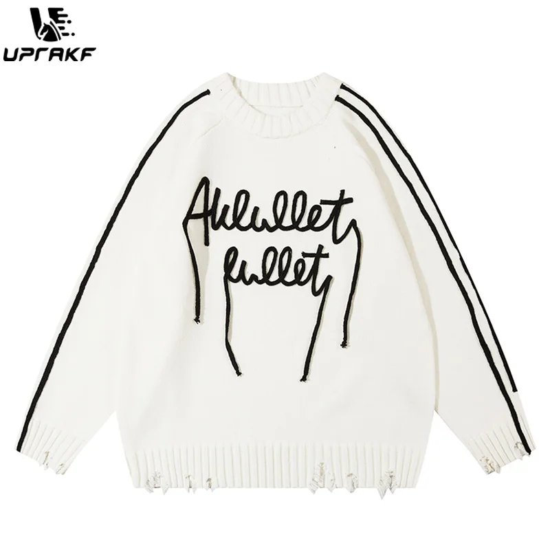 

UPRAKF Letter Ripped Sweater Autumn Fashion Streetwear Pullover Winter Long Sleeve Loose O Neck High Quality