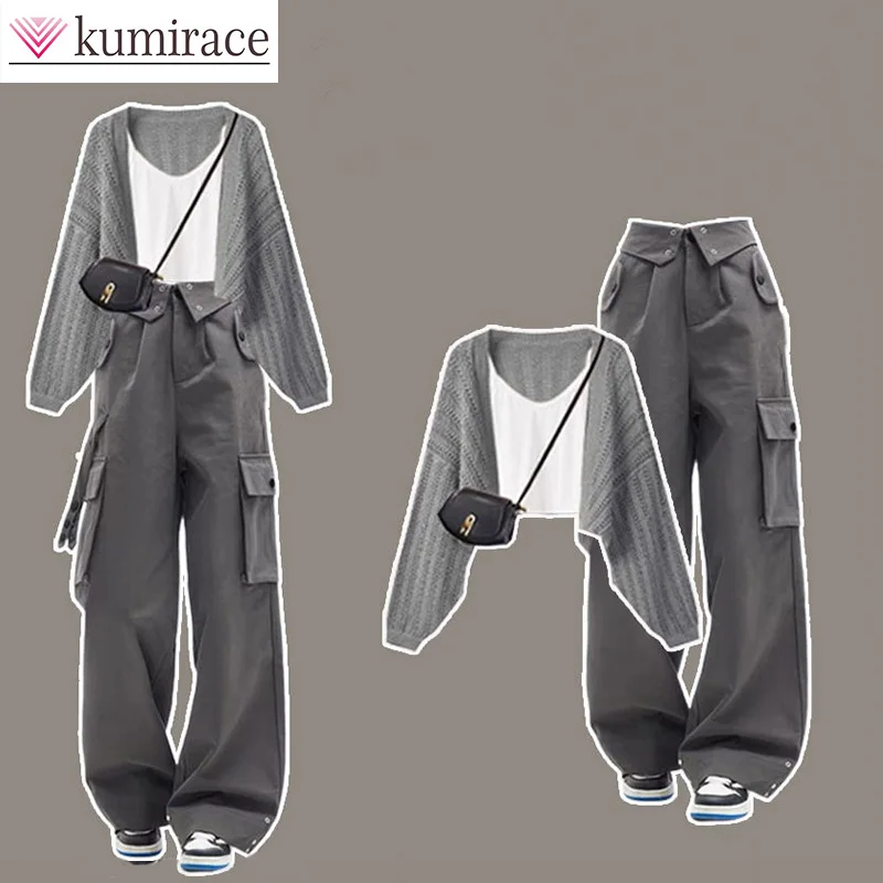 Autumn Set Women's 2023 New Korean Knitted Cardigan White Tank Top Grey Work Pants Three Piece Set Bulk Women Clothing Pant Sets 150w 30v 5a dc power supply start lock key memory storage three data sets ocp overload yihua 3005d for phone computer repair