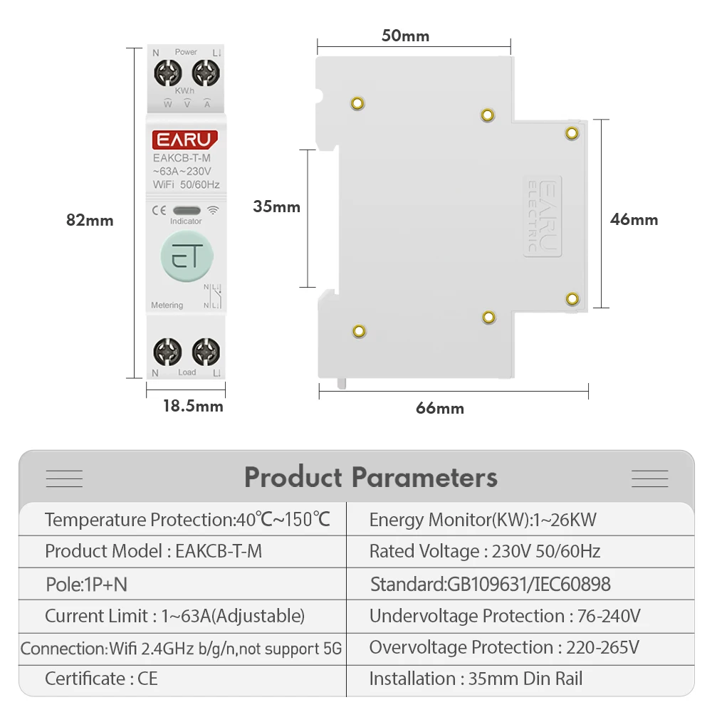 Tuya WiFi Smart Circuit Breaker MCB 1P+N 63A Timer Power Energy kWh Voltage Curr