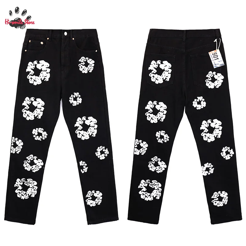 2024 Fashion Classic Jeans Pants Men Woman Top Quality Streetwear Casual Kapok Trousers Washed Blue Black