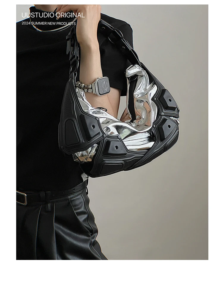 Women Punk Shoulder Bag Vintage Underarm Bag Punk Tote Bag Girls PU Leather Armpit Bag Multipocket Y2K Female Commute Daily Bag