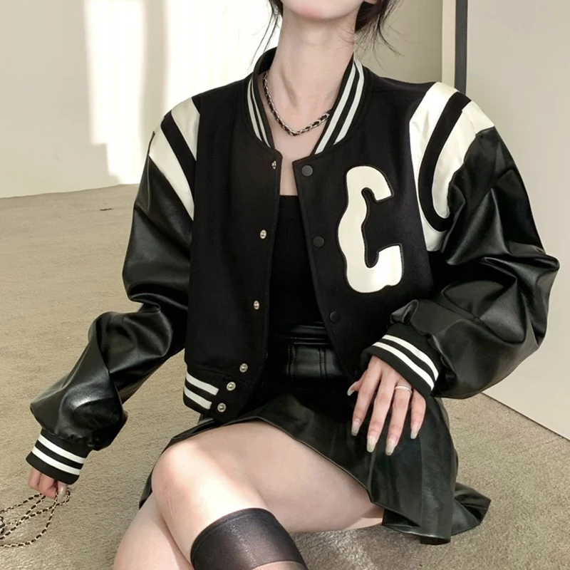 Jackets Women's Bomber Black Coats Leather Baseball Short