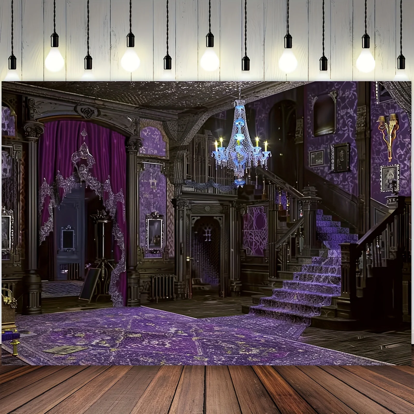 Luxuriöser Spukhaus-Hintergrund – gespenstlicher lila Teppich, große Treppe und Kristall-Kronleuchter für die Innenfotografie – Detail 2
