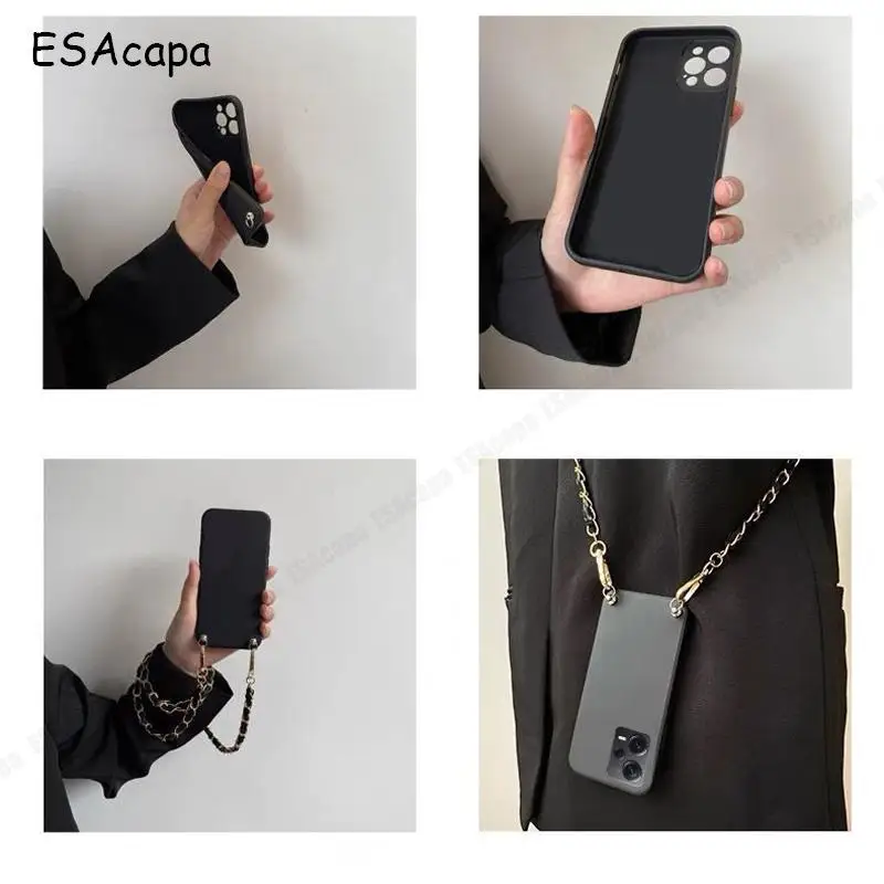Elegant Crossbody Leather Chain Lanyard Case with Matte Silicone Back