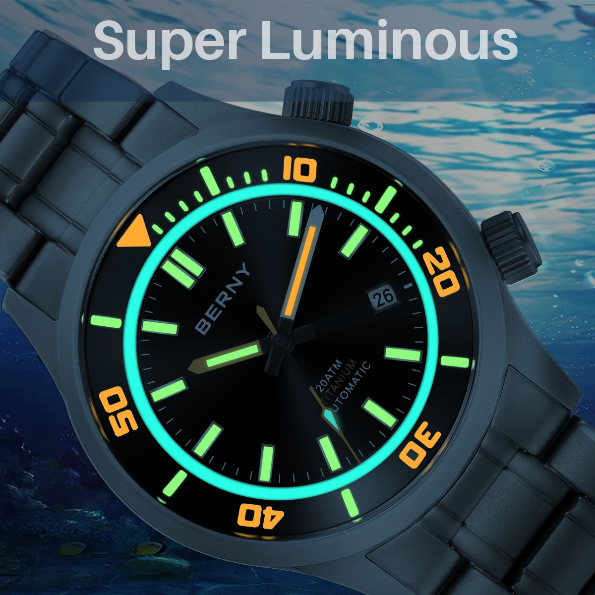 BERNY Orologio Automatico Uomo Subacqueo | 20ATM Impermeabile | Vetro Zaffiro | Acciaio Inox
