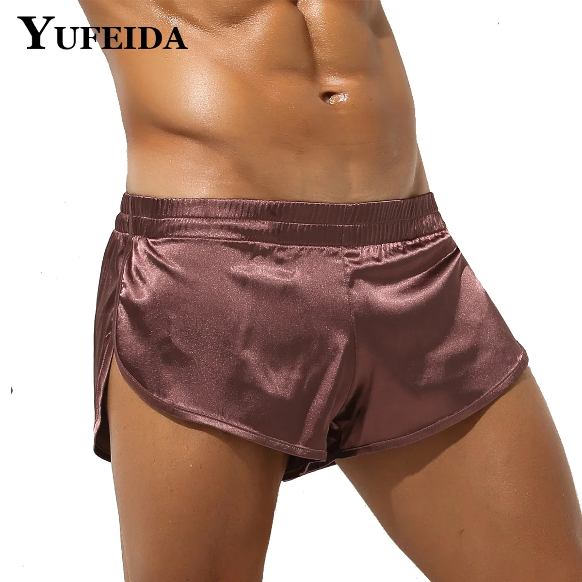 YUFEIDA Mens Silk Underwear Boxers Men's Sexy Sleepwear Trunks Smooth Satin Pajamas Shorts Side Split Lounge Home Sleep Bottoms