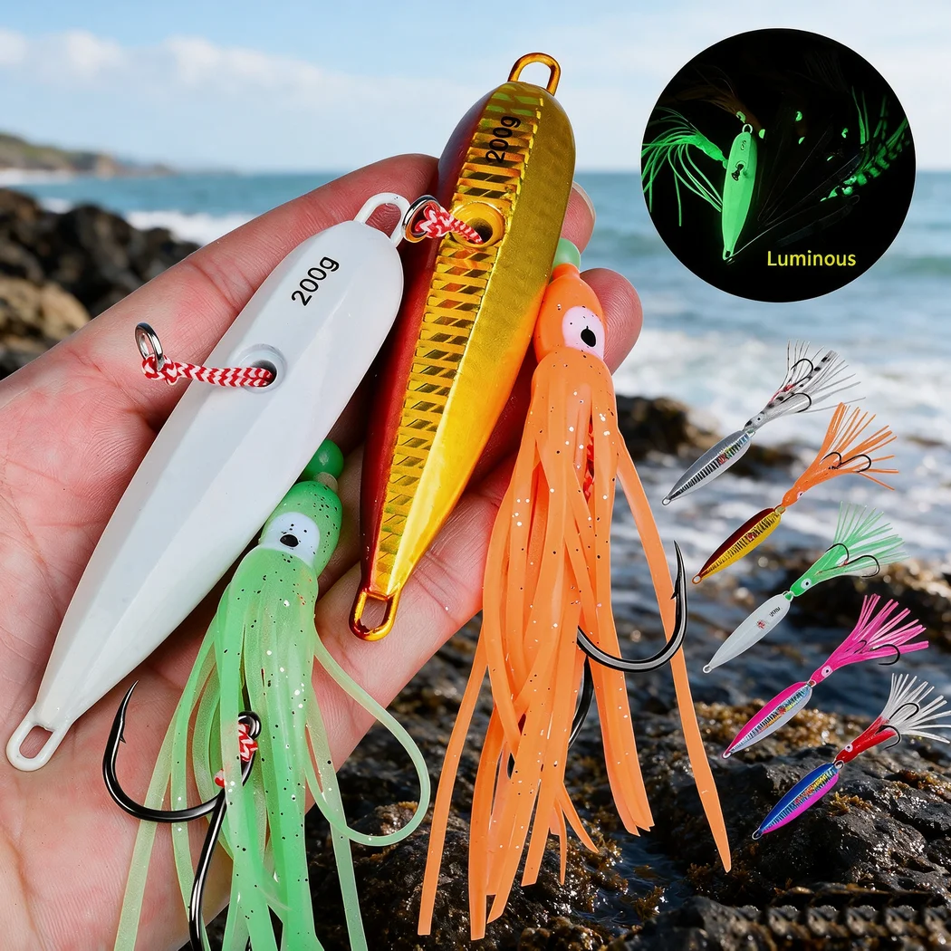 1PC Slow Pitch Jigging Köder Dual Haken Glow-in-the-Dark Slow Jig Angeln Köder 60g-180g 200g Für Offshore Salzwasser Boot Angeln