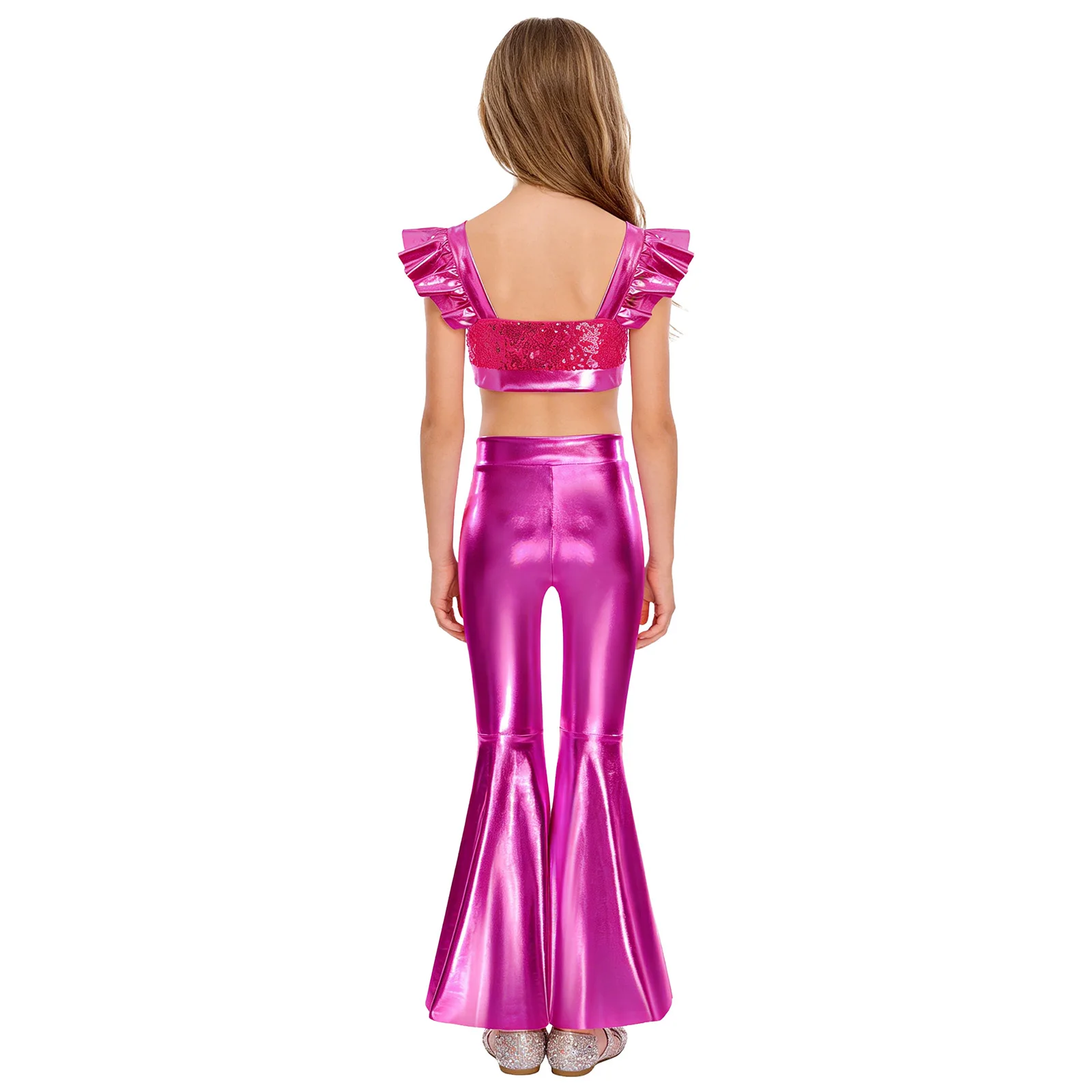 Jazz-Tanz-Performance-Outfit für Mädchen mit Rüschenärmeln, Funkelndem Pailletten-Crop-Top und Glänzender Schlaghose – Detail 8