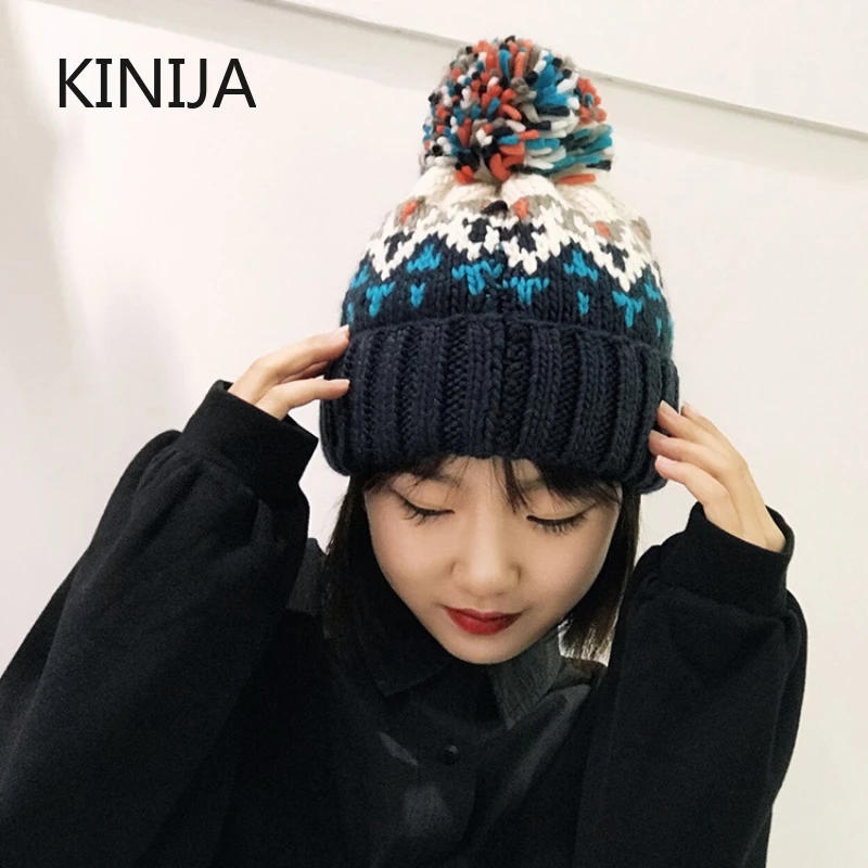 Women Winter Warm Cute Wool Ball Beanies Woolen Ear Protection Cap Korean Fashion Cold Hat Lady Mixed Color Knitted Hat 1