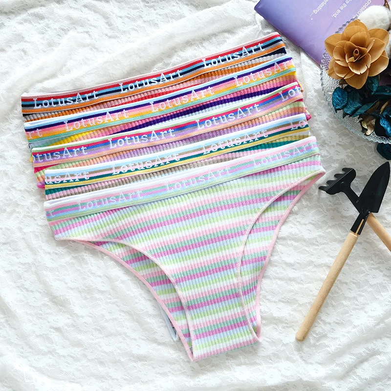 5PCS Women's Low waist sexy girls underwear cotton striped big yards high school lady briefs wholesale cotton panties