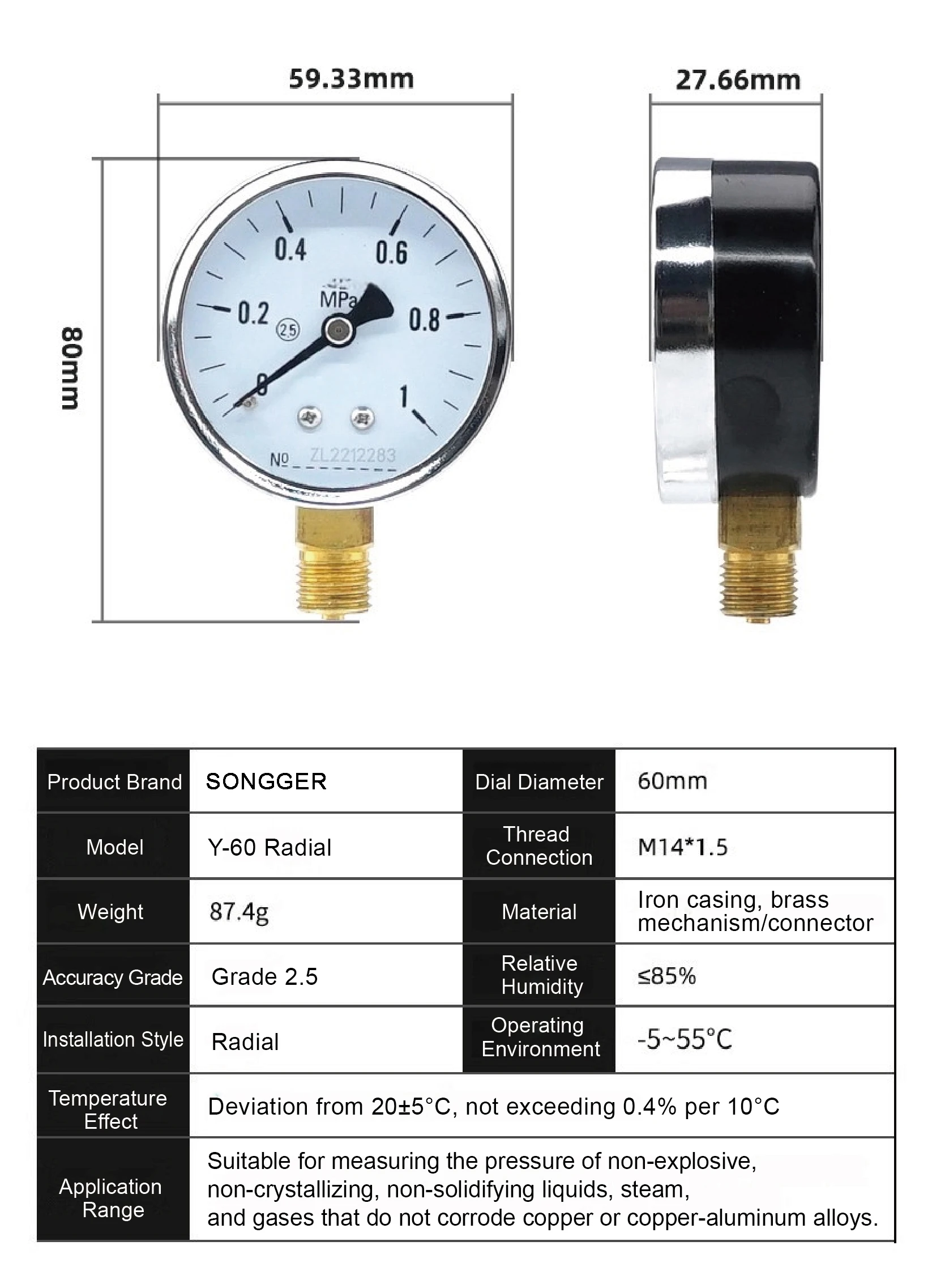Y-60 Analog Mechanical Pressure Gauge Axial and Radial Mount Vacuum Negative Pre