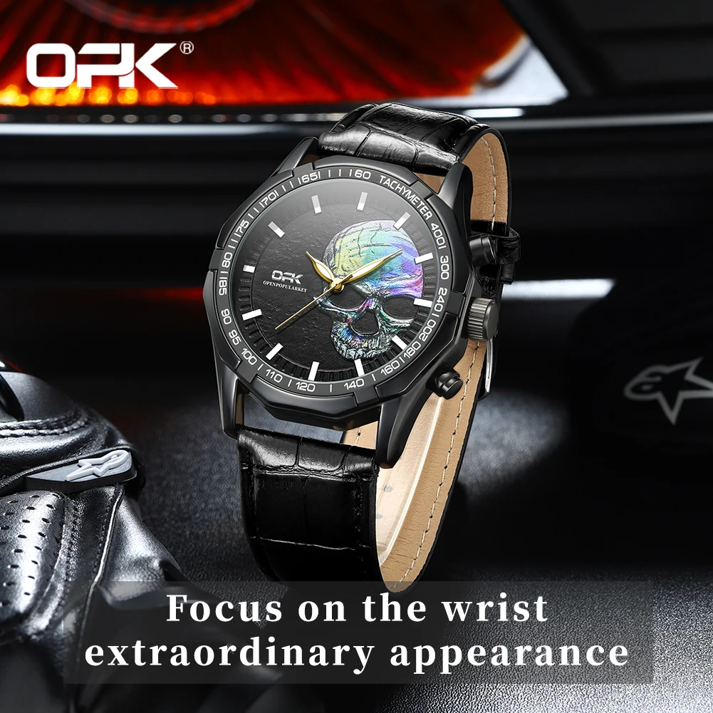 OPK brand three-pin skull relief literal men's quartz watch 8140 2