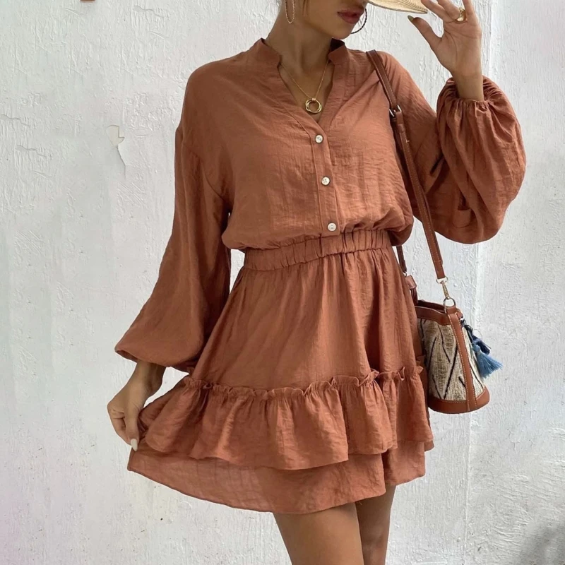 

Woman Solid Mini Dress Y2K A-Line Flared Long Sleeve Ruffle Elastic Waist Dress drop shipping