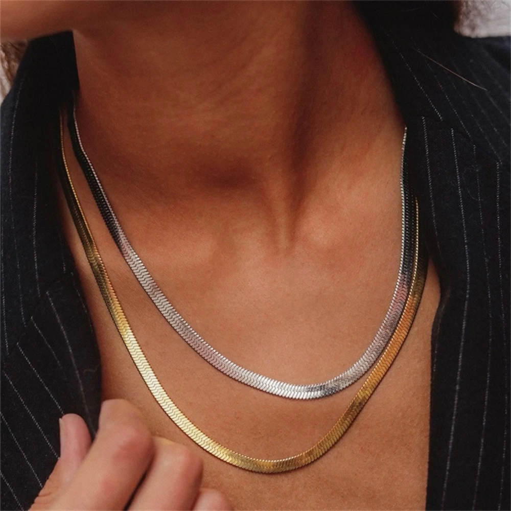 Edelstahl Flache Schlangenkette Halskette für Männer und Frauen 18K Vergoldete Fischgrätmuster Choker Trendiger Punk-Schmuck Geschenk – Detail 6