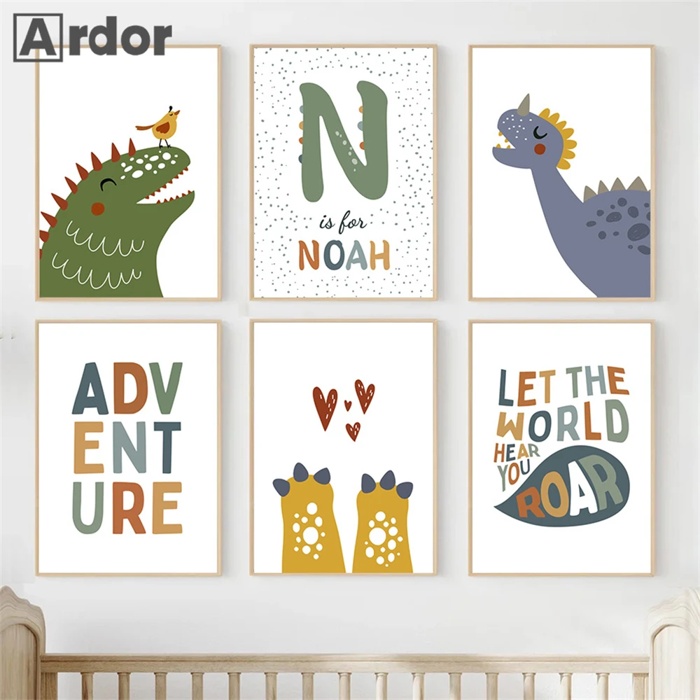 

Cartoon Dinosaur Growth Quotes Nursery Wall Art Canvas Painting Custom Name Print Pictures Nordic Poster Kids Room Decoration