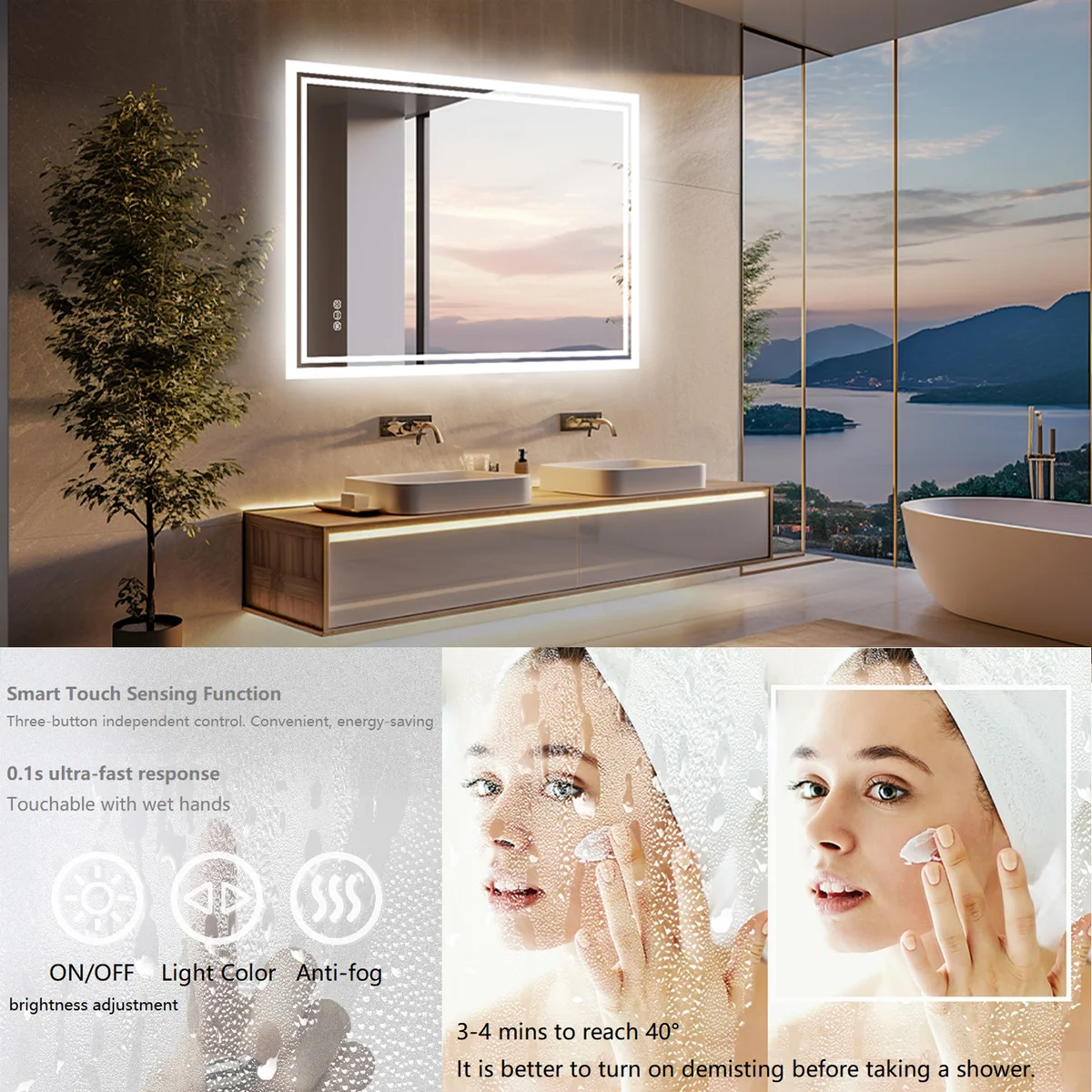 LED Light Bathroom Mirror Illuminated Wall Mounted Vanity Makeup Anti-Fog Rectangle 3 Colors Touch Light — view 6