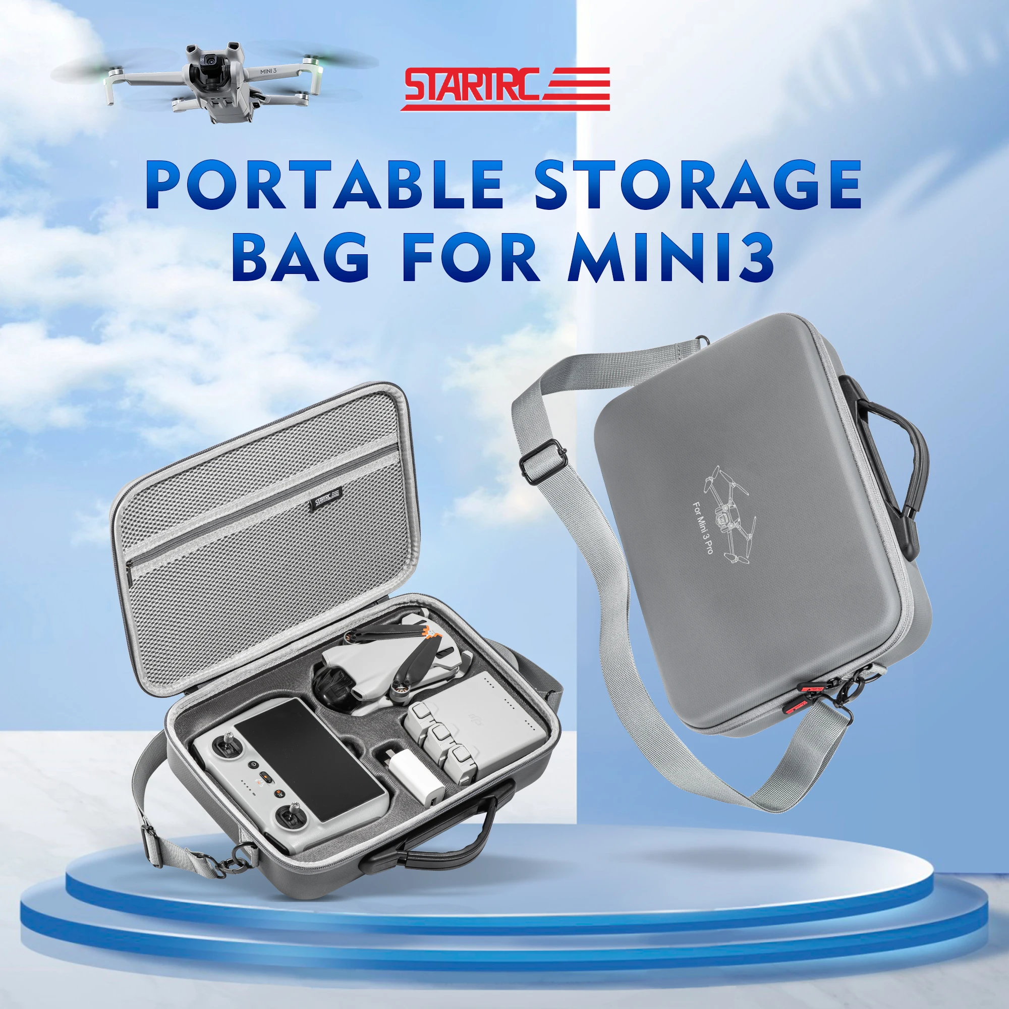 Drone DJI Mini 4 Pro Fly More Combo Plus gris clair posé sur fond blanc, avec hélices dépliées