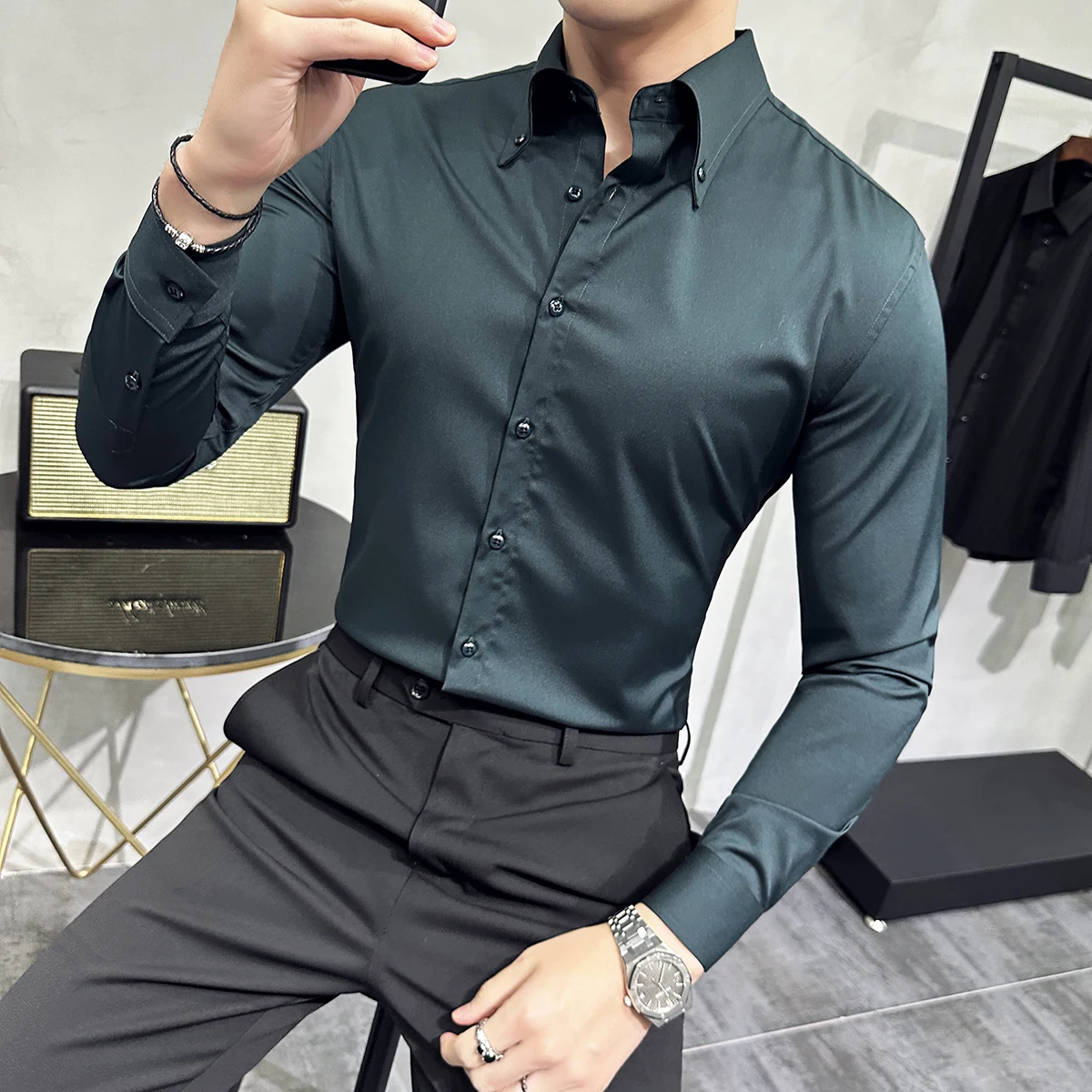 

High Quality Stretch Anti Wrinkle Men Long Sleeve Shirts Dress for Slim Males Social Business Blouse Solid Color Clothing N130