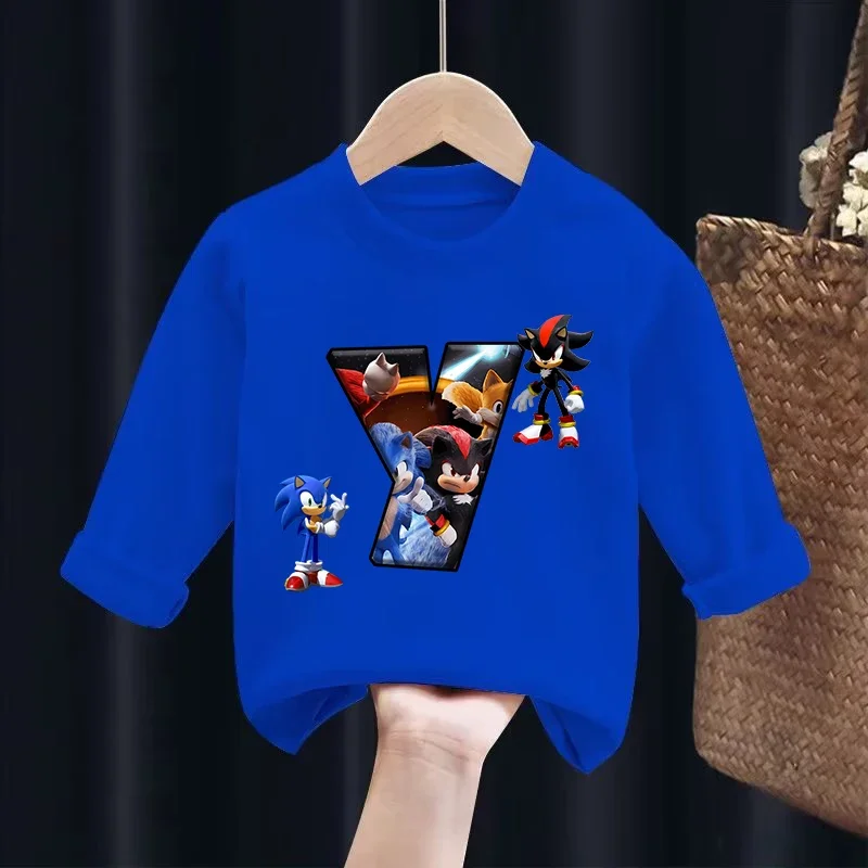 Sudadera con capucha para niños de Sonics, camisetas de manga larga con cuello redondo y dibujos animados, suéter de cuello redondo para niños de otoño, ropa de regalo nueva