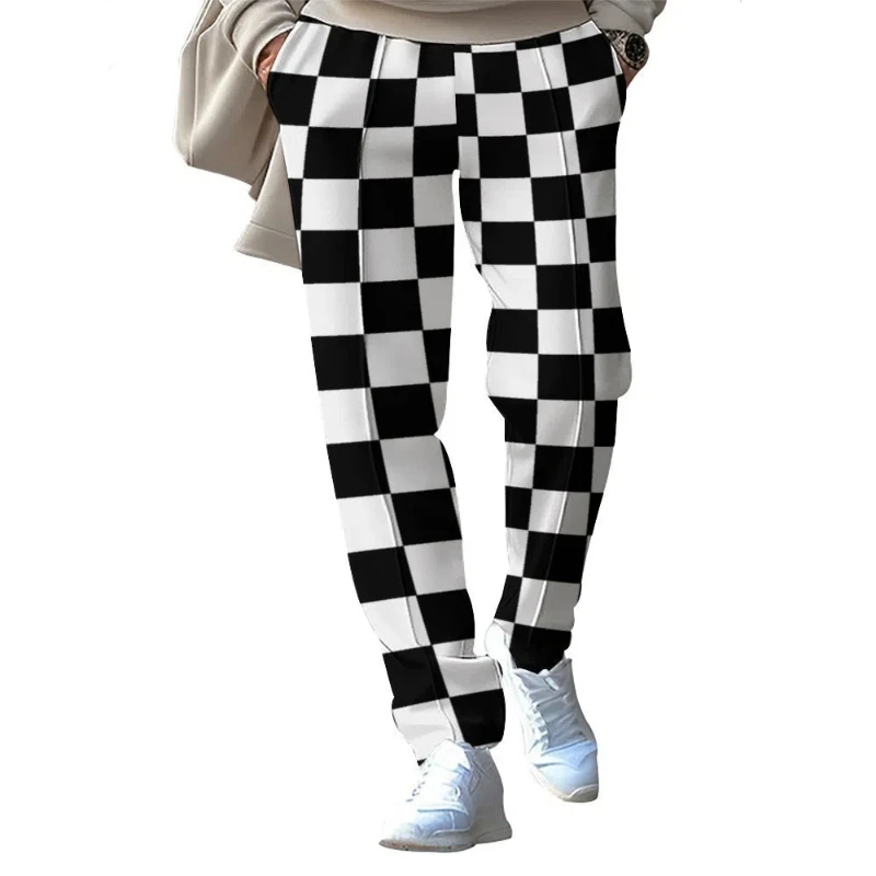 Men's Fashion Casual Checkered Printed Pants Loose Tight Rope Heavyweight Straight Leg Pants