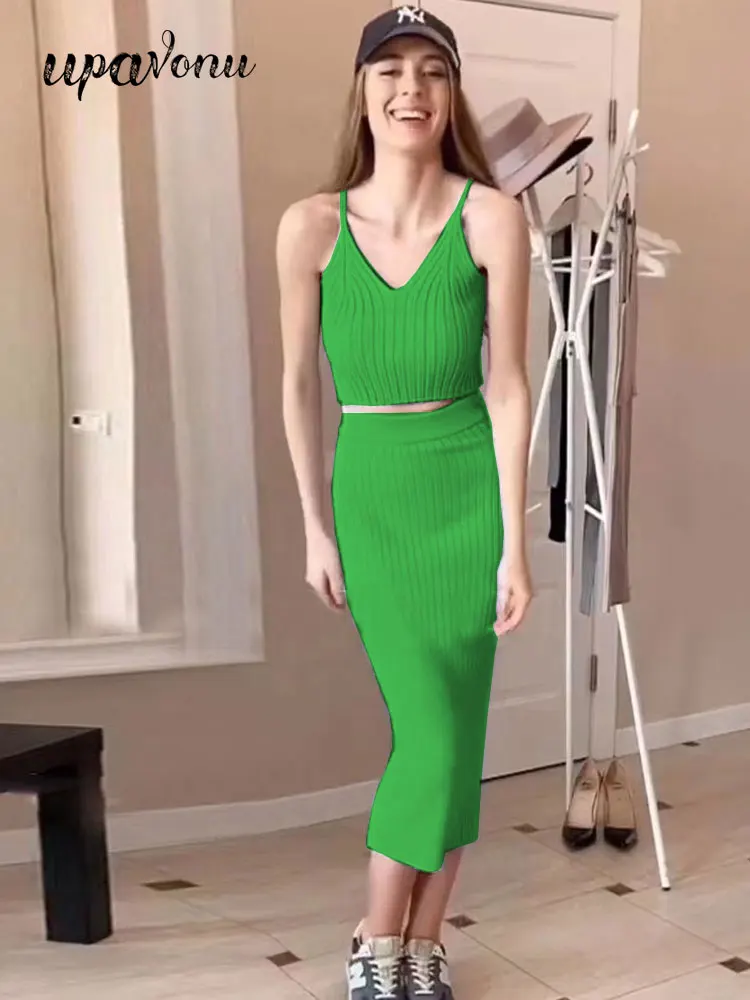 

Free Shipping Women's 2 Piece Set Pullover Tank Top & High Waist Skinny Long Skirt Casual Knit Set Summer 2022 Female Streetwear