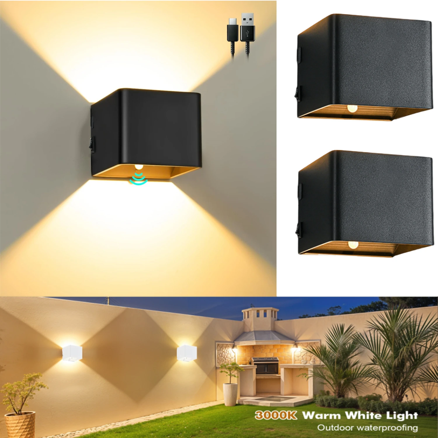 Wiring-Free Rechargeable Wall Lamp 1-Piece Set Sports Sensor Wall Lamp Indoor Battery Powered Led Lamp Cordless Magnetic Installation Black Wireless for Bedroom Stairs Corridor 3000K Warm White