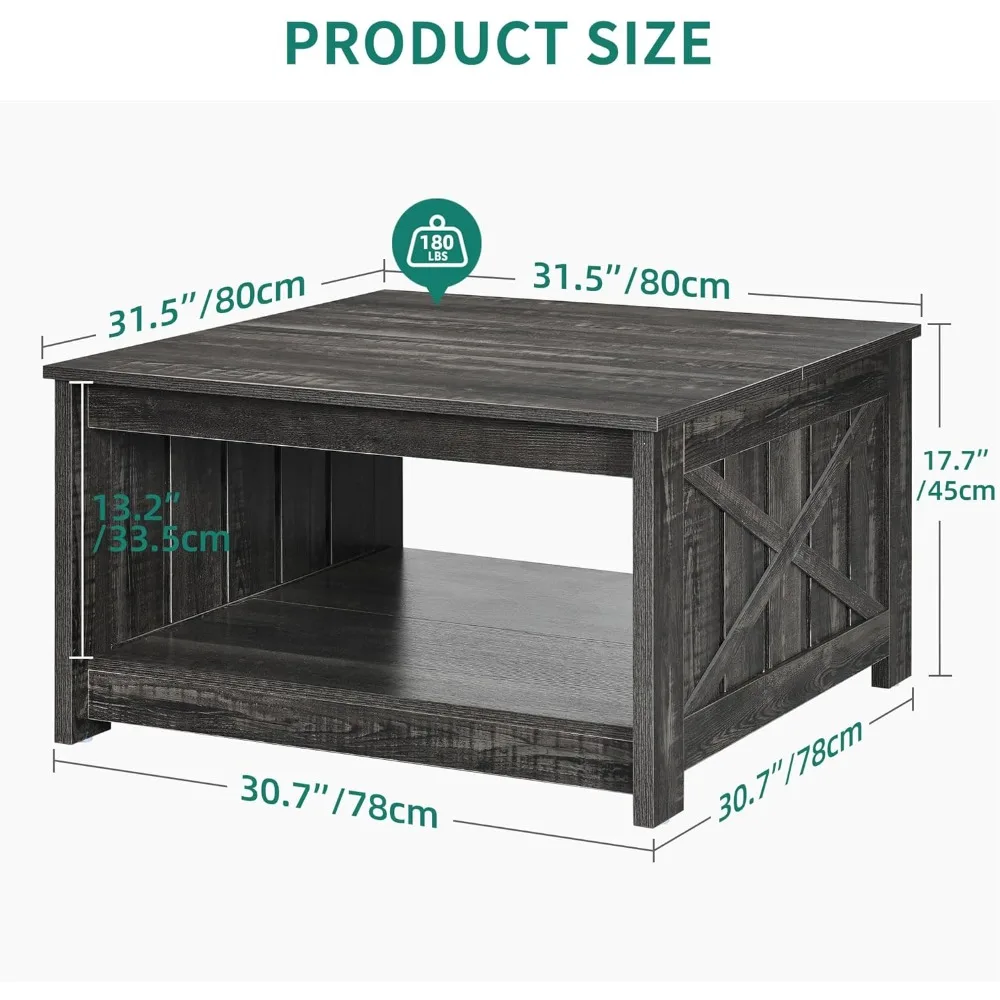 Coffee Table Farmhouse, Square Coffee Table with Semi Open Storage Compartment, Dark Country Style Oak 2