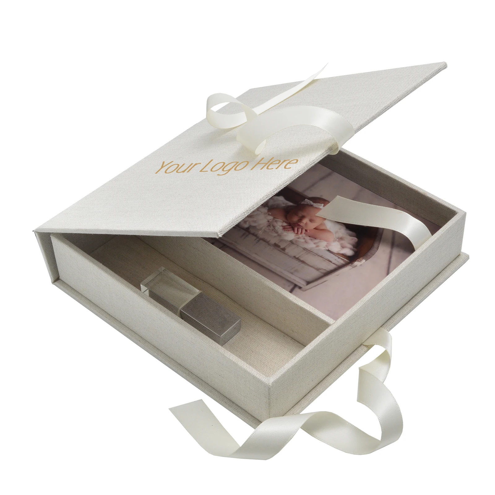 Linen Photo and USB Slot Box, Wedding Keepsake Box Packaging