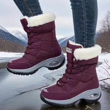 أحذية الثلوج الفراء المريحة للنساء بطانة دافئة أحذية مضادة للانزلاق تصميم أنيق لمغامرات الشتاء أحذية الثلوج منصة مقاومة للماء 2